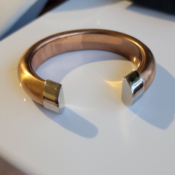 Rose Gold Plated Open Cuff Bangle Bracelet With Polished Silver-Tone Ends - Picture 5 of 7